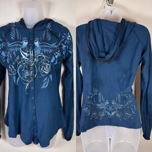 Sinful Affliction Womens Y2K Blue Bird & Roses Graphic Print Button Up Hoodie